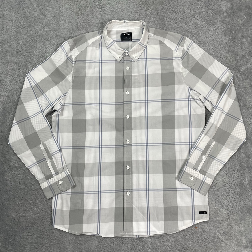 Oakley Shirt Mens Large White Gray Plaid Long Sleeve Button Down Stretch Casual